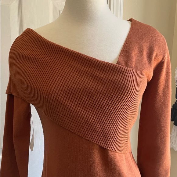 Chic Off-Shoulder Rust/Camel Boho, Western Sweater Dress - Picture 2 of 4